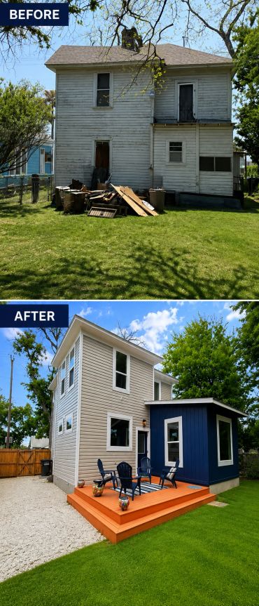 Backyard home renovation transforming old to modern.