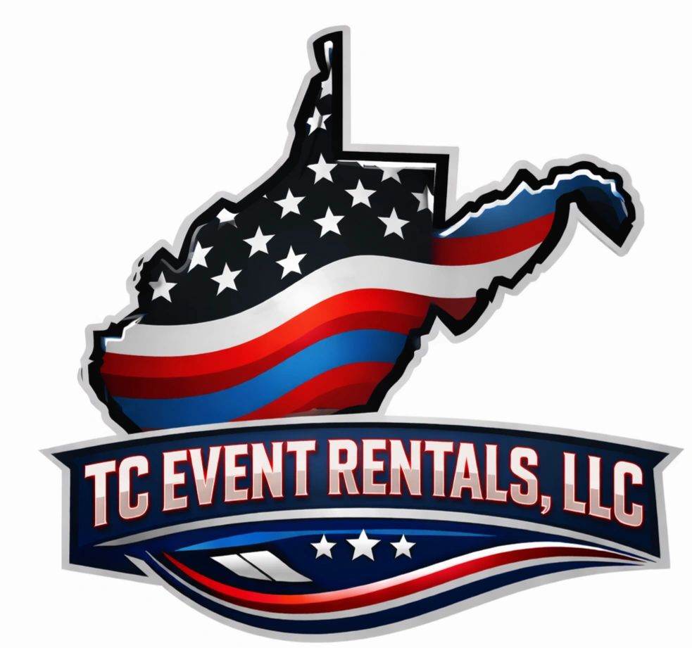 Logo of TC Event Rentals, LLC with American flag design in West Virginia shape.