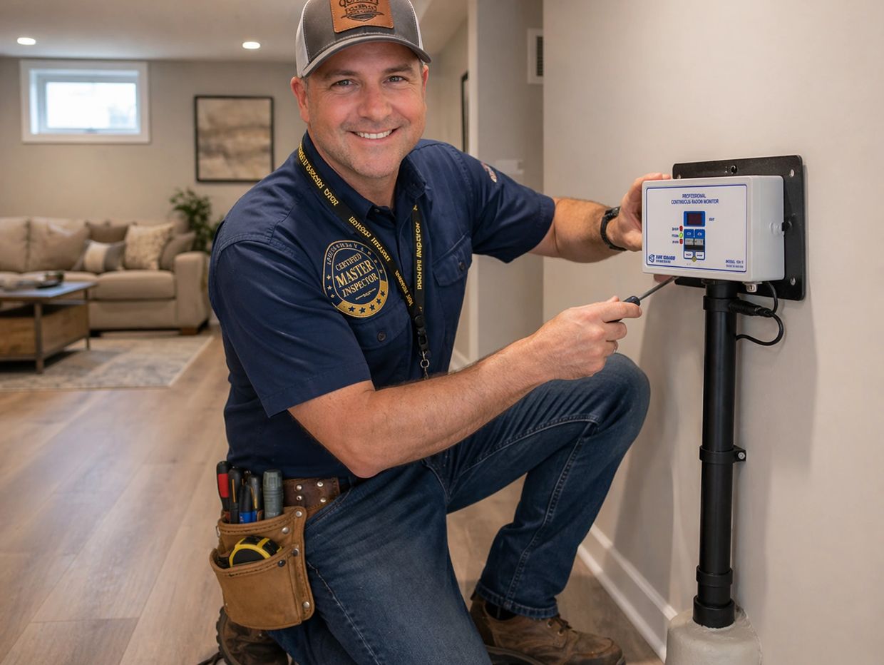 Smiling inspector installs a professional continuous radon monitor in a home.