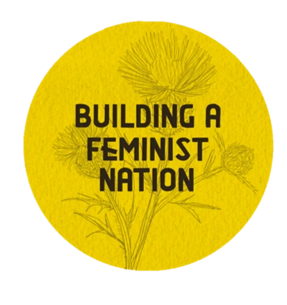 Yellow circular logo with 'Building A Feminist Nation' text and floral design.