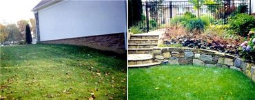 Sloped green lawn with autumn leaves.