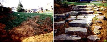 Stone wall bordering a curved lawn.