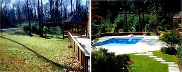 Grassy hill with a wooden deck.