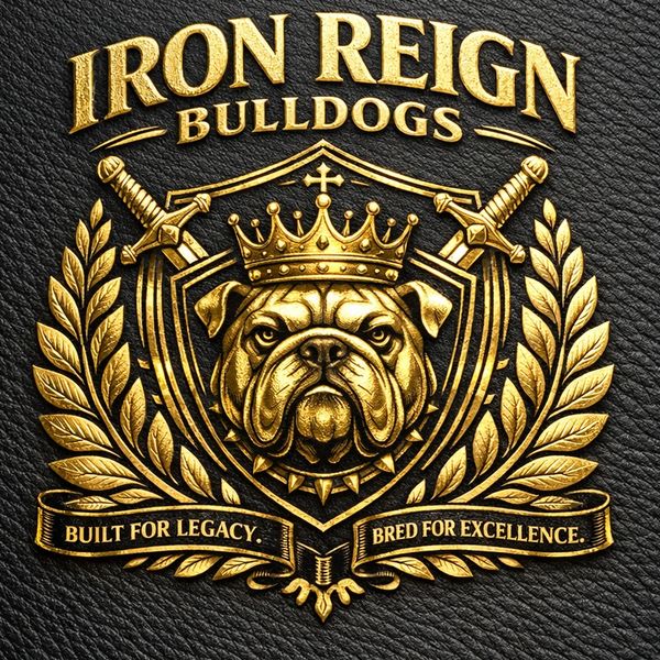 Gold emblem with crown and laurel. Iron Reign Bulldogs. Built for Legacy, Bred for excellence