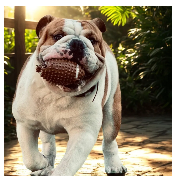 Dozer the Bulldog outdoors playing