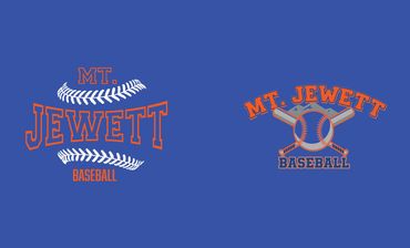 Two Mt. Jewett Baseball logo designs on a blue background.