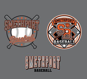 Three Smethport Baseball logos featuring bats, balls, and team initials in orange and black.