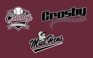 Three Crosby baseball-themed logos on a maroon background.