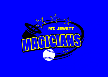 Logo of Mt. Jewett Magicians featuring a baseball and stars on blue background.