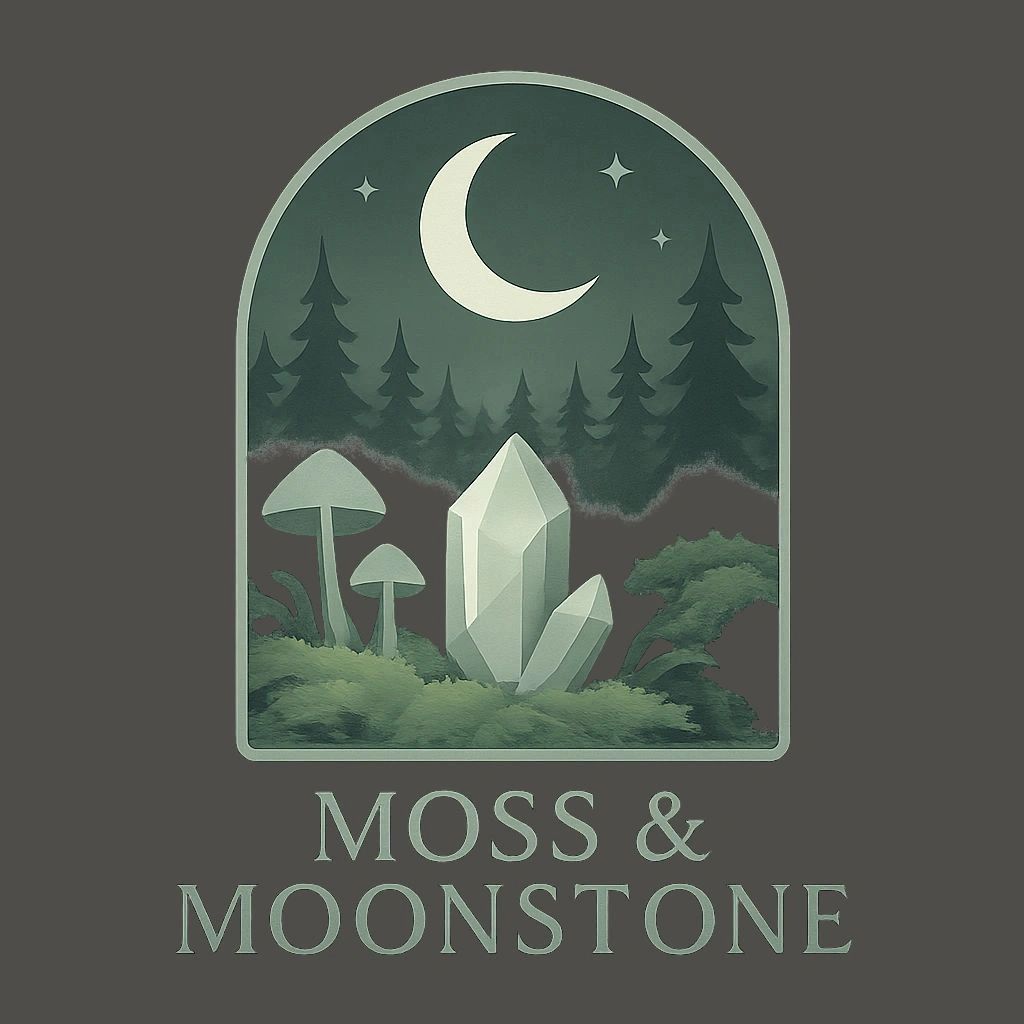 Illustration of moss, moonstone crystals, and mushrooms under a crescent moon.