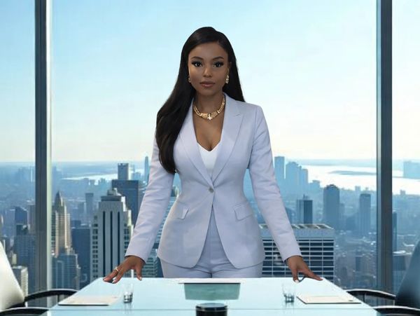 Confident businesswoman in a light suit stands in a modern office with a city skyline view.