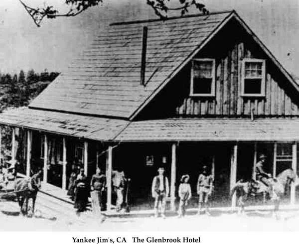 Black-and-white photo of The Glenbrook Hotel with people and horses outside.