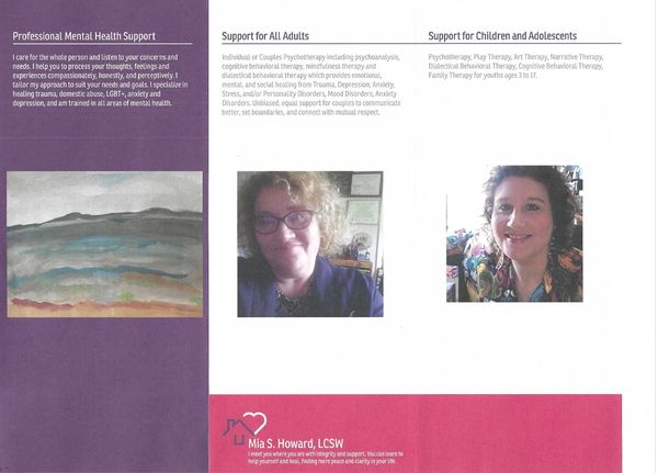 Brochure for Mia S. Howard, LCSW, offering mental health support for adults and children.