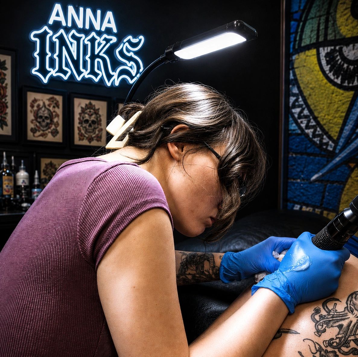 Tattoo artist working on a client's tattoo.