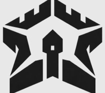 Abstract black and white geometric logo with arrow and castle elements.