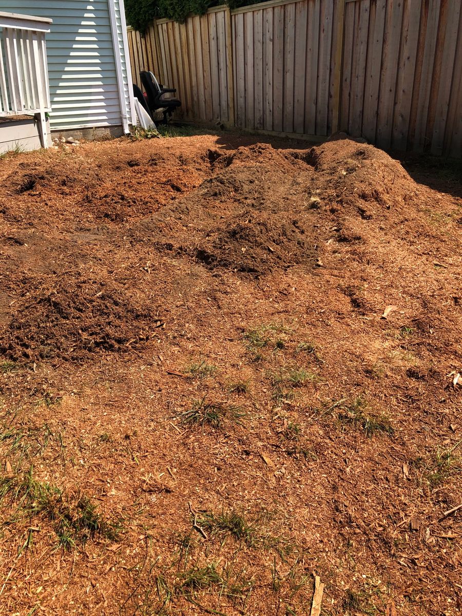 Freshly ground area of mulch beside a fence