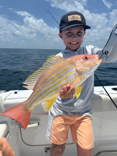 Young boy proudly holding a colorful fish on a boat under a sunny sky.