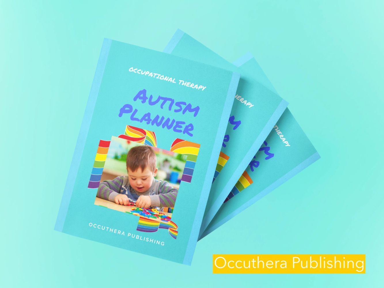 Autism planner books with a child playing on the cover.