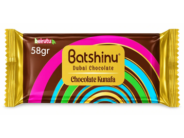 Batshinu Dubai Chocolate Chocolate Kunafa bar in 58g packaging.