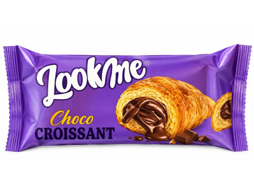 Packaged chocolate-filled croissant snack with purple wrapping.