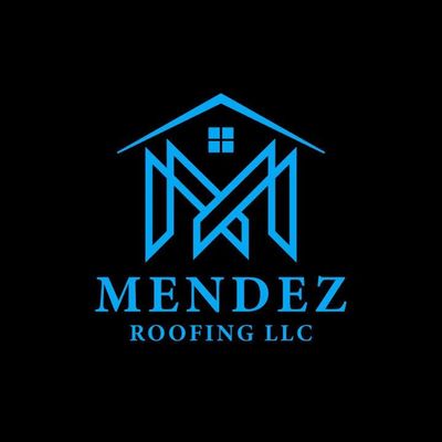 Blue Mendez Roofing LLC logo with house and window design on black background.