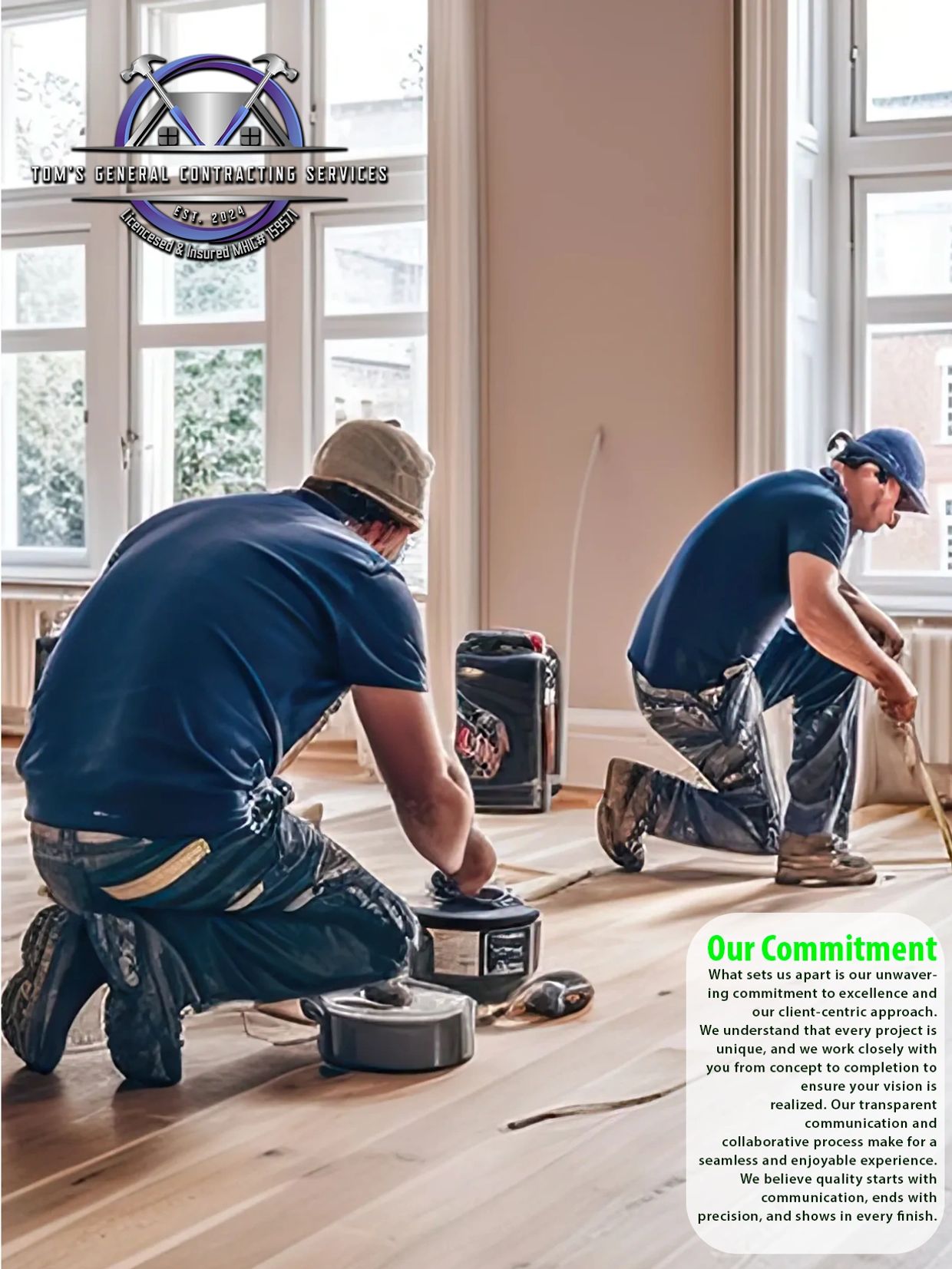 Two contractors working on a wooden floor with tools in a bright room.