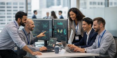 A group of professionals collaborating around laptops and monitors in an office.