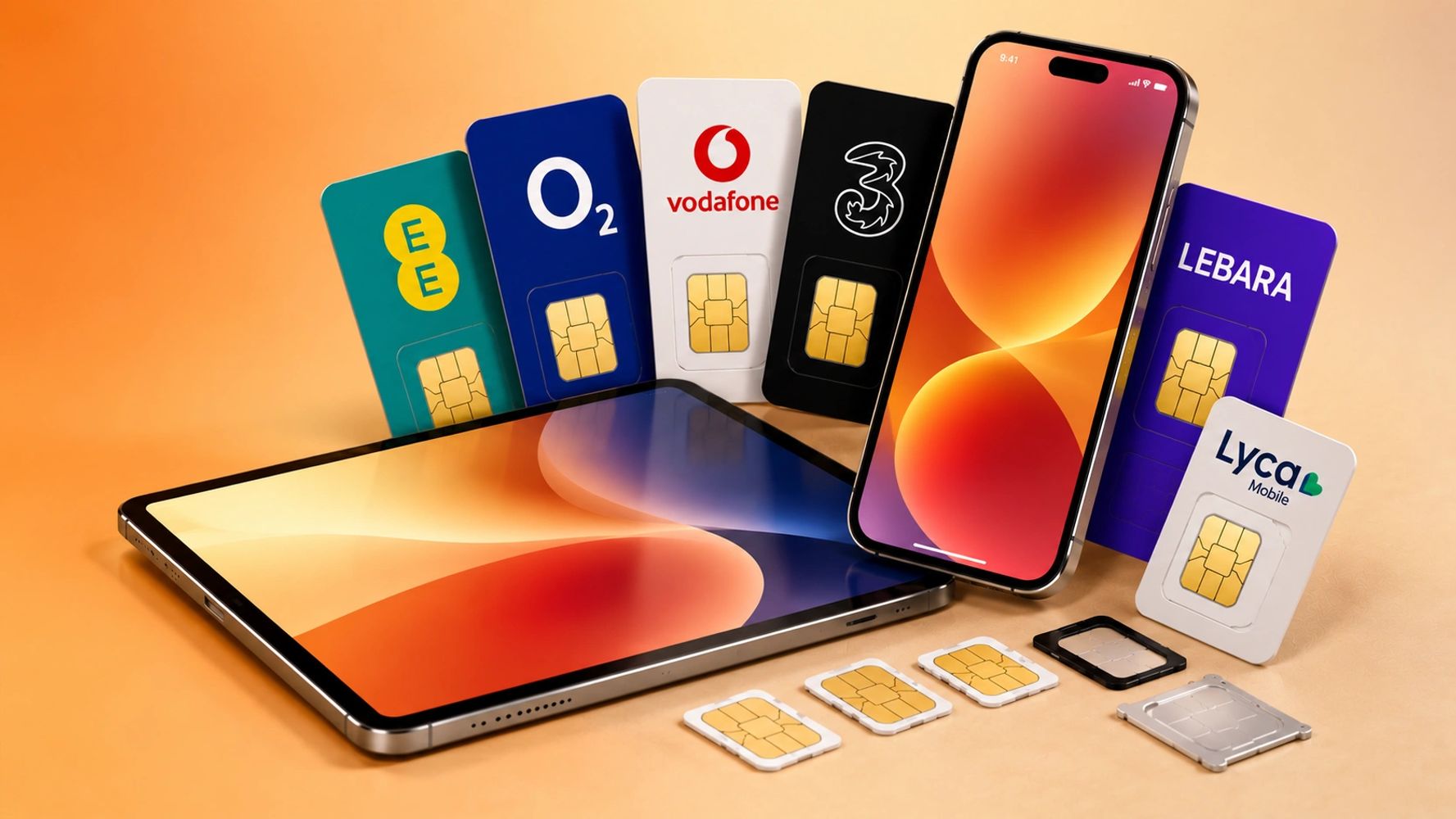 Smartphone, tablet, and various mobile SIM cards from multiple carriers on an orange background.