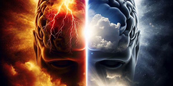 Contrasting fiery and cloudy brain halves representing opposing mental states.