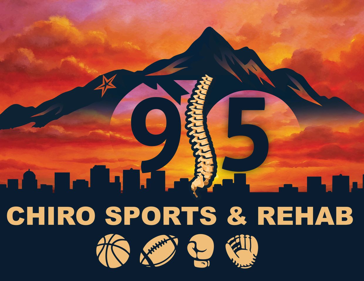 Logo for 915 Chiro Sports & Rehab against a sunset mountain backdrop.