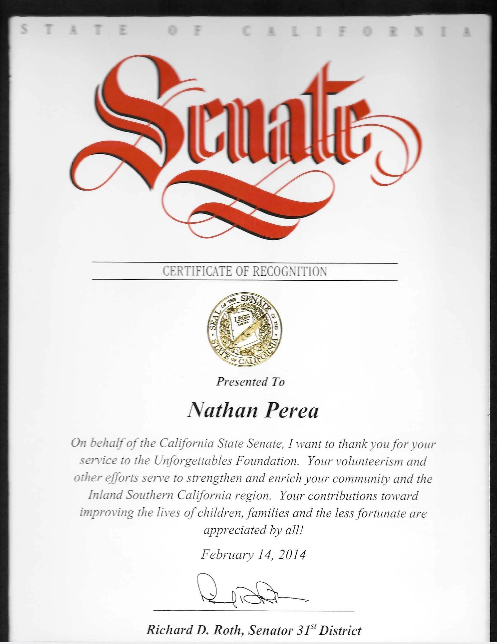 California State Senate Certificate of Recognition to Nathan Perea