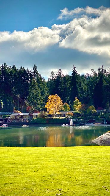 A serene lakeside view with autumn trees and a bright green lawn under a partly cloudy sky.