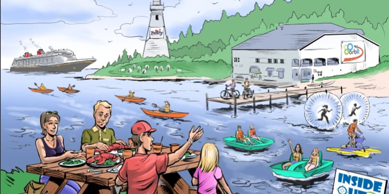 Painted image of a family at a picnic table in front people enjoying water activities!
