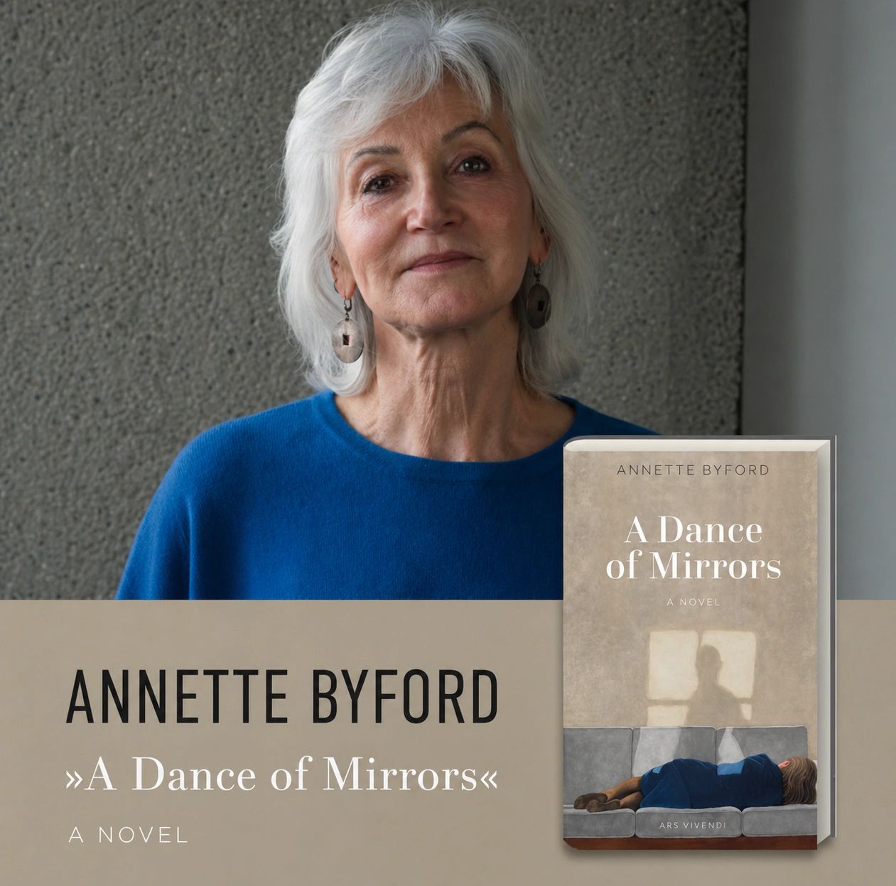 Annette Byford presents her novel 'A Dance of Mirrors' with a serene portrait and book cover.