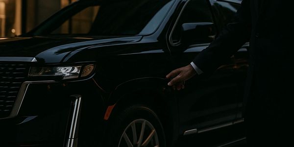 Professional chauffeur in suit opening door of luxury black SUV for VIP client in upscale city environment at night”
