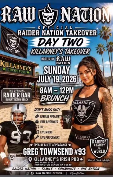 Event poster for Raider Nation Takeover at Killarney's Irish Pub on July 19, 2026.