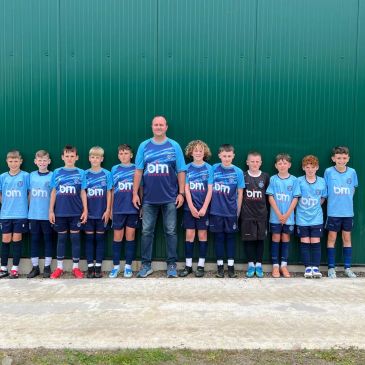 Youth soccer team posing with their coach against a green wall.