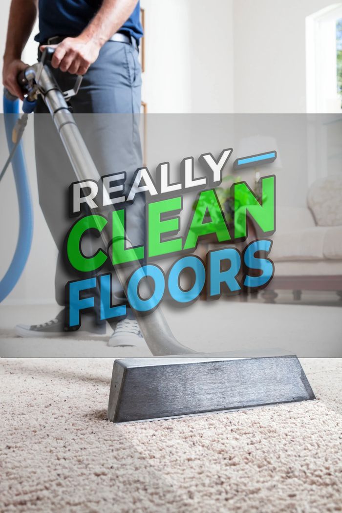 Person vacuuming carpet with text overlay "Really Clean Floors".