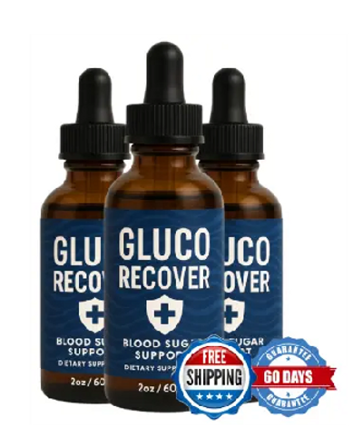 Bottles of Gluco Recover blood sugar support supplement with free shipping and 60-day guarantee.