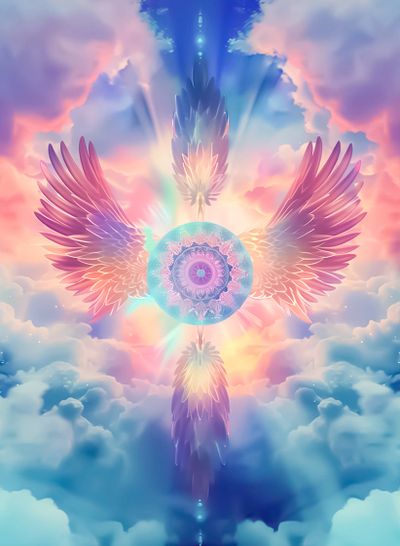 Colorful angel wings and mandala in a dreamy sky.