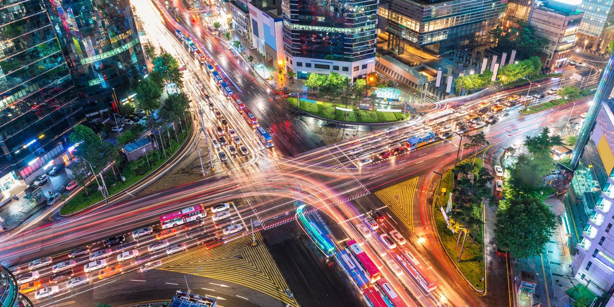 Traffic speeds through an intersection in the Gangnam district of Seoul.