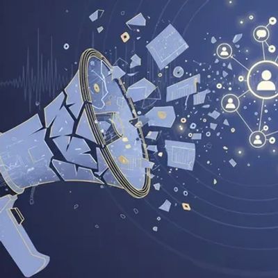 A shattered megaphone dispersing digital icons and user network symbols.