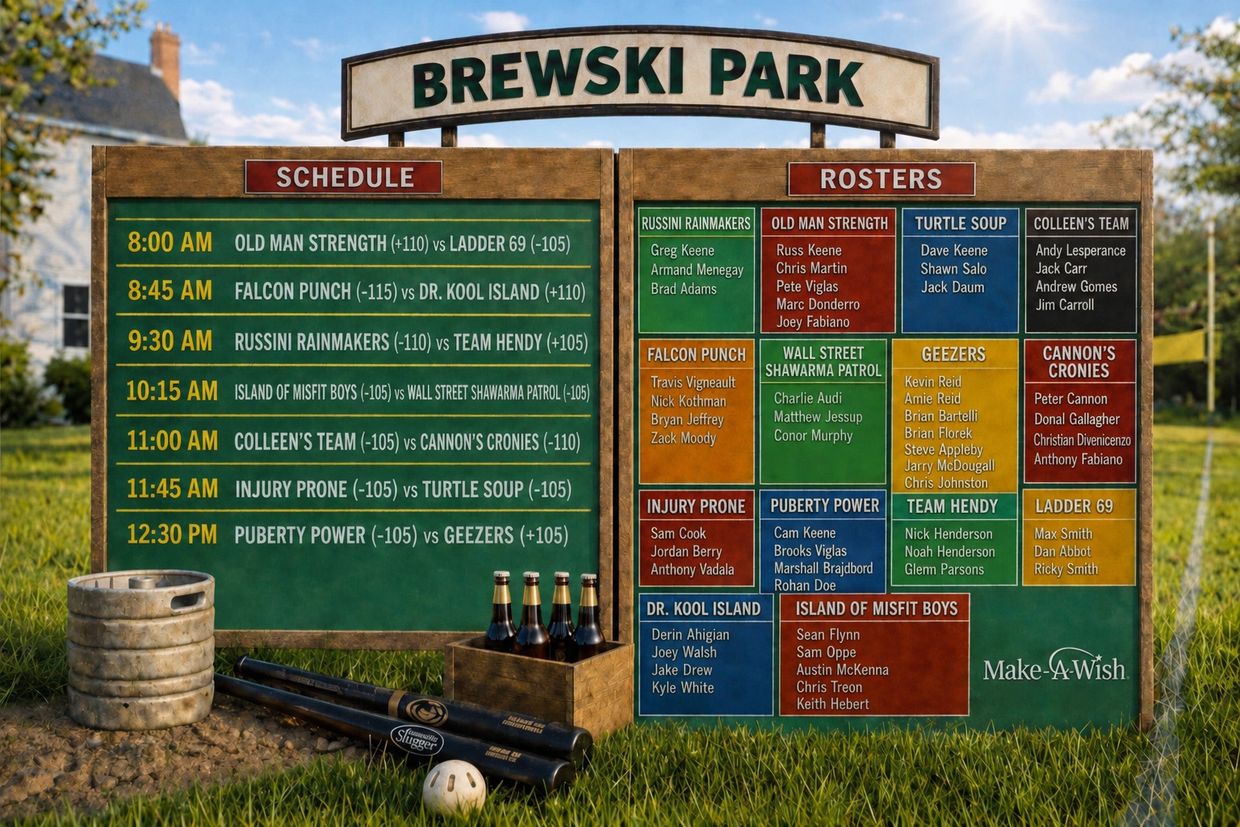 Brewsky Park baseball schedule and team rosters with bats and ball on grass.
