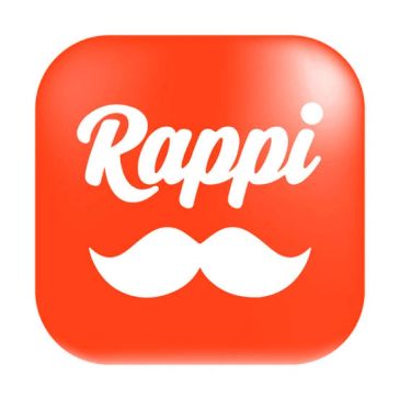 Logo de Rappi con fondo naranja y bigote blanco.