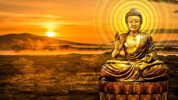 Buddha Meditating on top of a Canyon. Releasing waves of energy healing one energetically. 