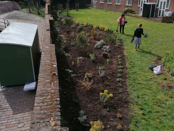 Gardeners landscaping a small part of a garden