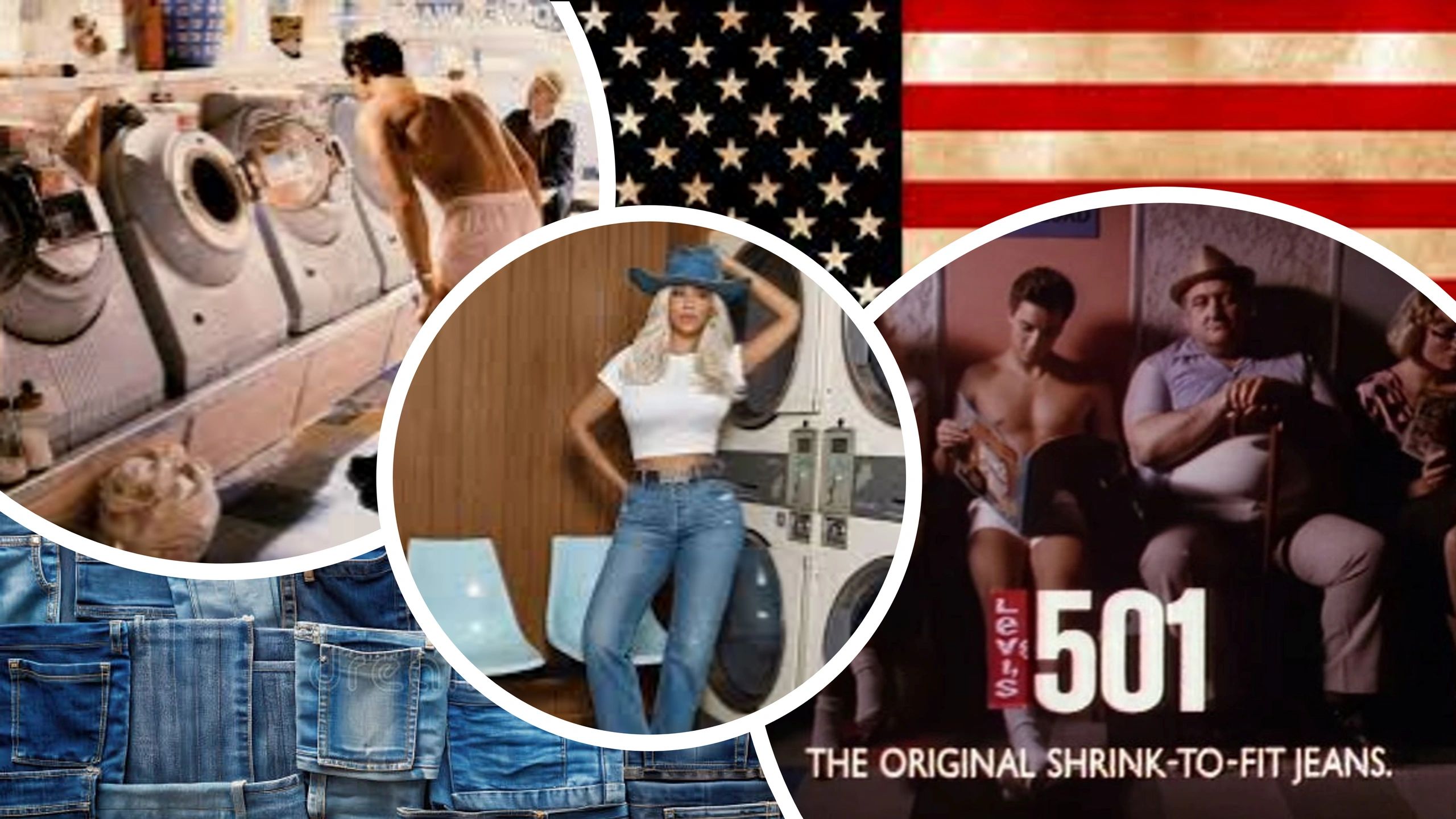 Collage of vintage and modern Levi's 501 jeans ads with American flag and laundry scenes.
