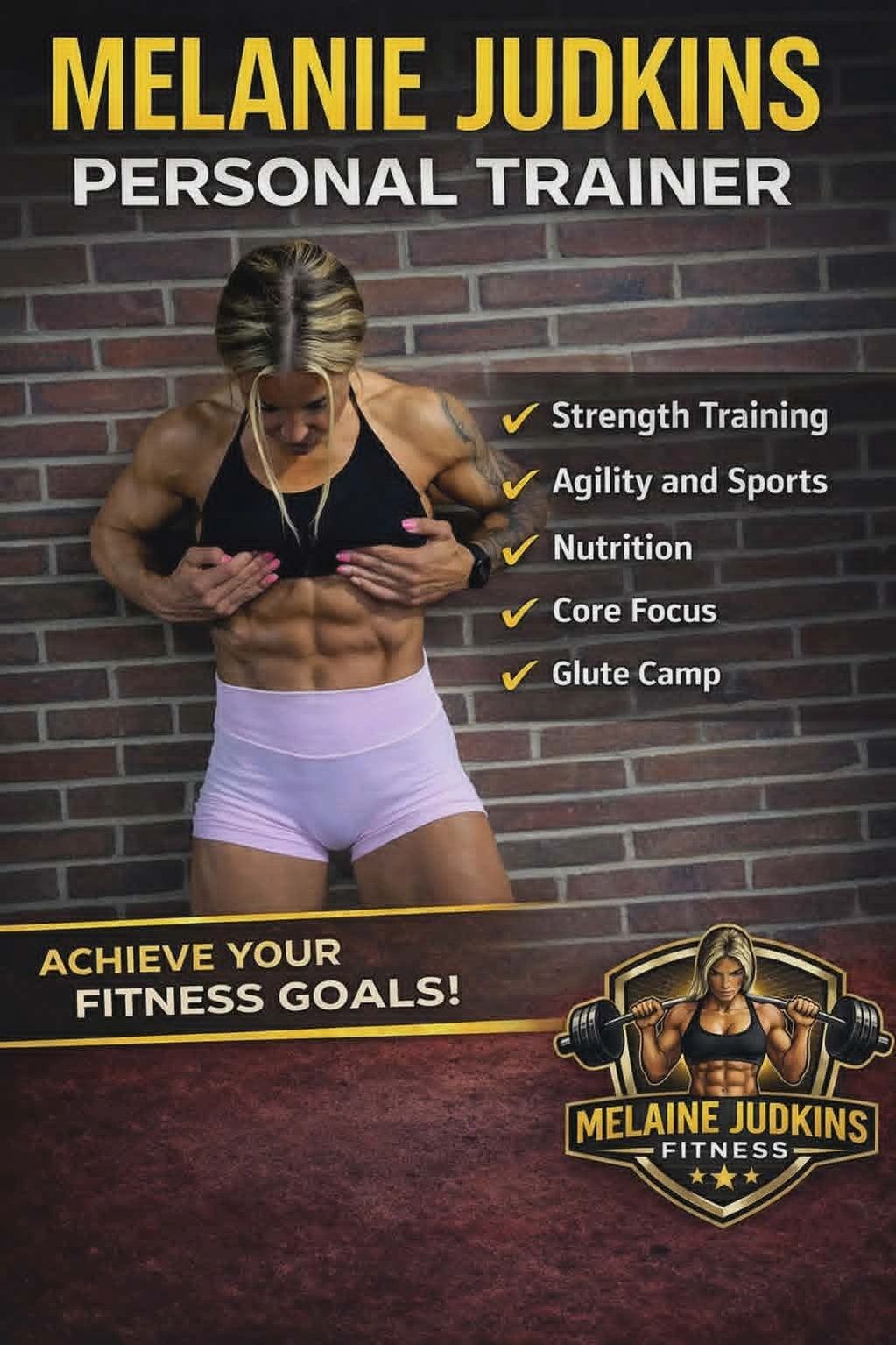 Melanie Judkins personal trainer offers strength, agility, nutrition, core focus, and glute camp fitness training.