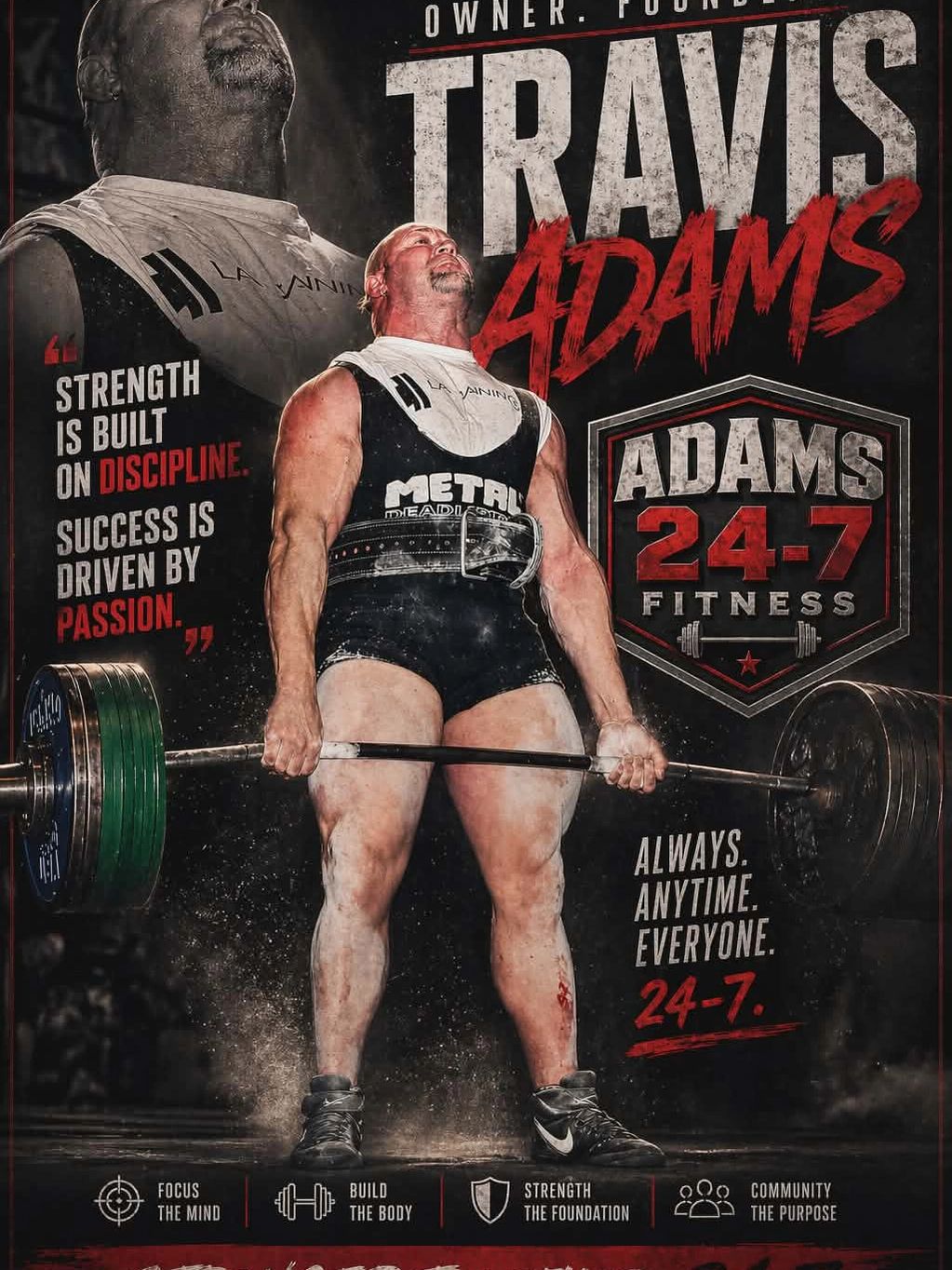 Powerlifter Travis Adams lifting weights with intensity.