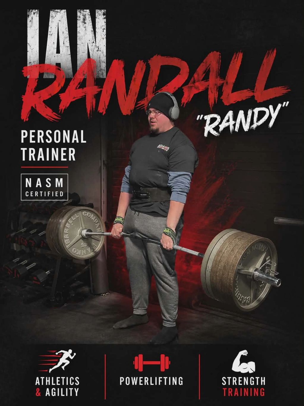 Ian Randall, a NASM certified personal trainer, lifting a heavy barbell wearing headphones.